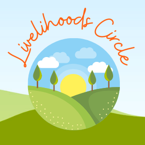 Livelihoods Circle with graphic of hills, trees, and sunshine