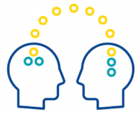 A graphic with two heads beside each other with ideas floating between the two of them.