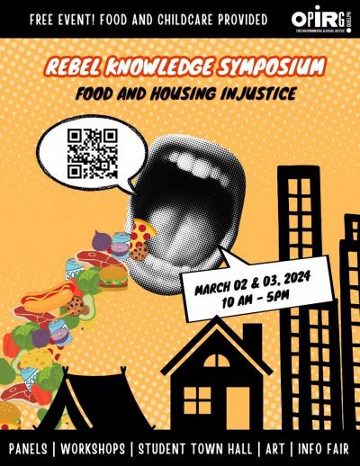 Event poster with a yellow and black background, with an opened mouth in the middle and icons of various foods coming out of it in a stream to the bottom left corner and thought bubbles with a QR code in one and “March 2 and 3, 2024, 10 am to 5pm” in the other. Black outlines of a tent, a house, and an apartment building are in the background. The words “free event. Food and childcare provided” are across the top, along with the OPIRG Guelph for Environmental and Social Justice logo. Along the bottom are the words “Panels. Workshops. Student town hall. Art. Info fair.”