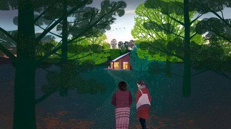 An artist's rendition of two women walking down a path in the Arboretum towards Nokom's House