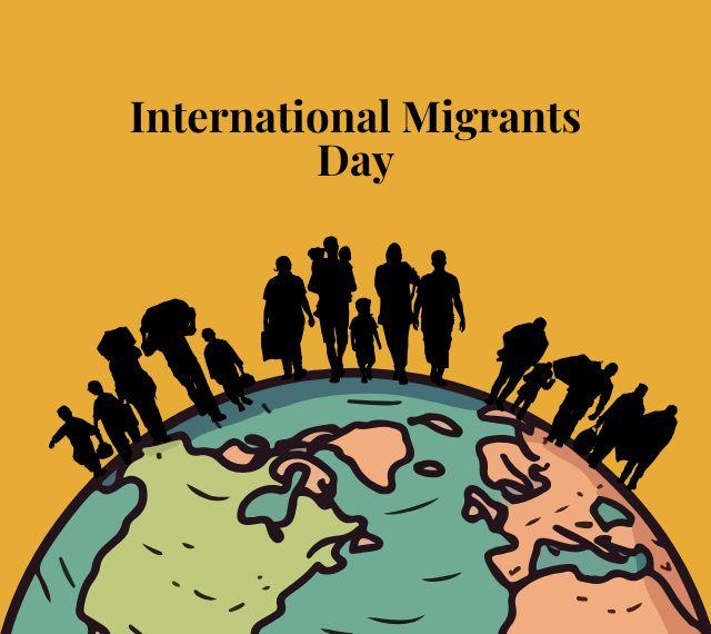 An illustration of earth at the bottom of the page with black silhouettes of migrants walking across the globe. The background is orange and the words “International Migrants Day” typed in the center of the page in black.