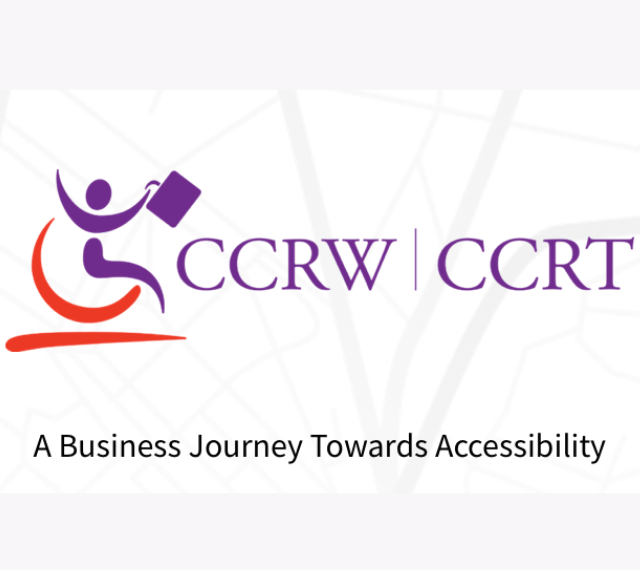 Logo for CCRW, a person in a wheelchair with a briefcase. There slogan is featured: "A Business Journey Towards Accessibility."