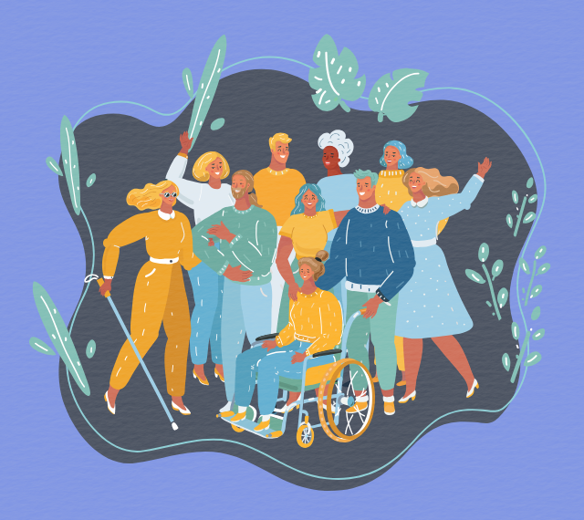 A graphic of various elders and people with disabilities and their caregivers.