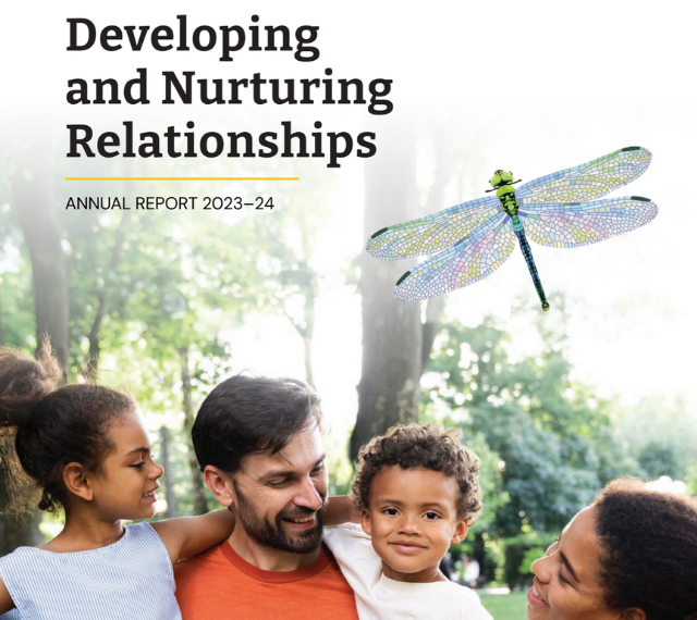 The cover for the Live Work Well Research Centre 2023-2024 Annual Report. The title of the report is Developing and Nurturing Relationships. The Centre's dragonfly logo is pictured and so is a family below.