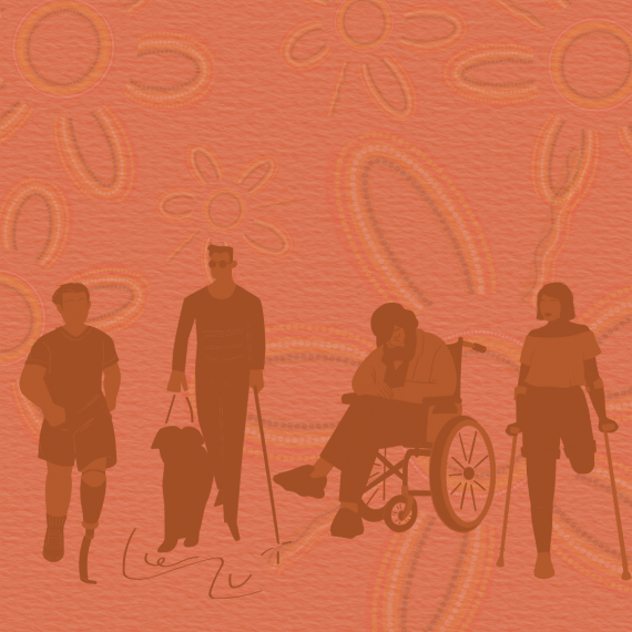 Silhouettes of four people with various disabilities in a row at the bottom of the image: one with a running blade, one with a seeing-eye dog, one in a wheelchair, and one using forearm crutches.