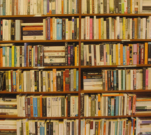 A stacked library shelf filled with books.