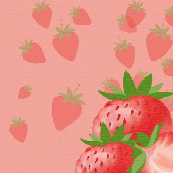 Three strawberries in the bottom right corner, with faded strawberries in front of a pink background.
