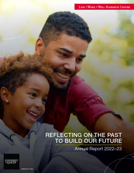 Cover page for the annual report of a man and child on the left, looking to the right and smiling. The text reads: "Live Work Well Research Centre. Reflecting on the past to build our future. Annual report 2022-23." With the University of Guelph logo in the bottom left.