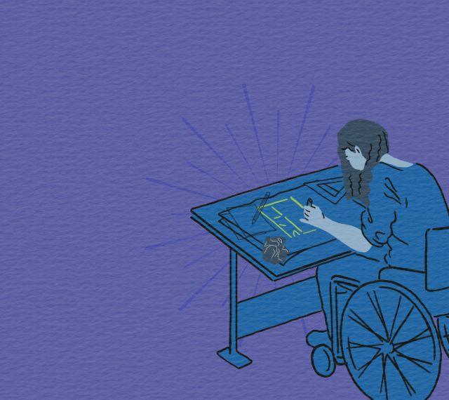 A blue graphic of a woman in a wheelchair sitting at a desk and writing and drawing.