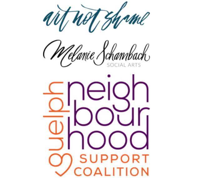 A series of logos: the "art not shame" logo, Melanie Schambach's logo, and the "Guelph neighbourhood support coalition" logo. 