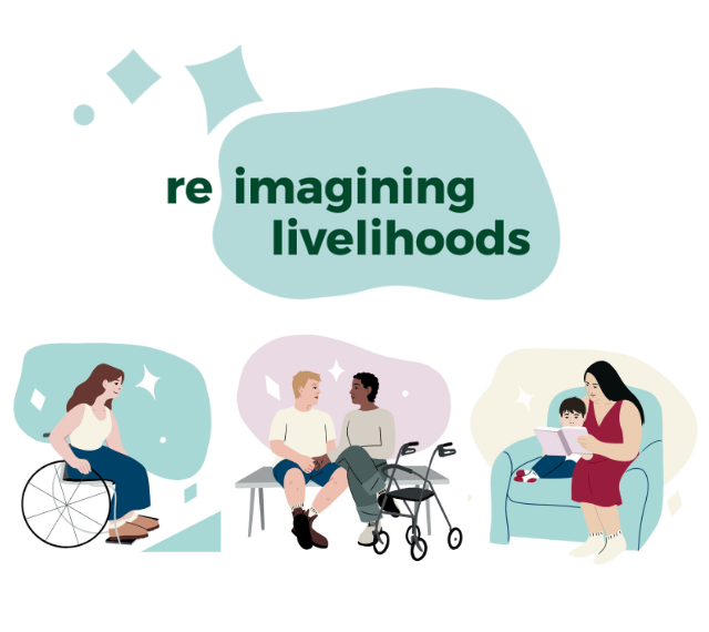 The Reimagining Livelihoods logo as well as graphic depictions of each of the composite stories protagonists. Lily is pictured first, in her wheelchair. Then, Wren and Cyrus are pictured sitting with Wren's walker. Then, Evelyn is pictured last sitting with her son, Bailey. 