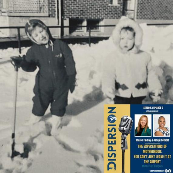 A black and white photo of a young boy and girl playing in the snow. In the right corner is a flyer for a Dispersion podcast epsiode.