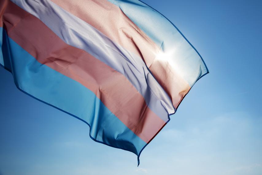 The transgender flag flying in the sky, hit by a ray of sun. 