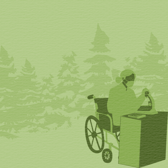 A pale green background with faded trees, with a person sitting in a wheelchair at a desk looking at a microscope in the bottom left. 