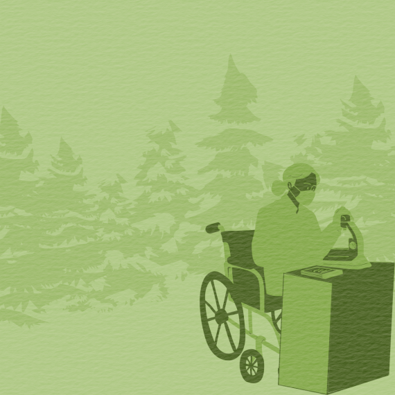 A pale green background with faded trees, with a person sitting in a wheelchair at a desk looking at a microscope in the bottom left.