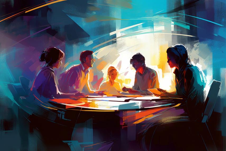 An abstract art piece of a group of people sitting around a table.