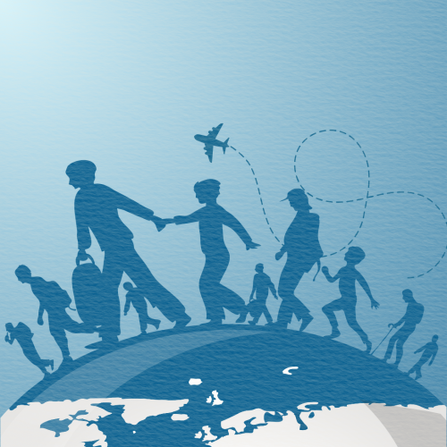 The top half of a blue and white globe showing at the bottom, in front of a light blue background. Shadows of people of various ages are walking across the globe, some are holding hands and some are carrying luggage. A small blue plane is flying above