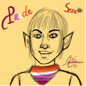  A sketch of the character Sera from Dragon Age, centred in the sketch. She is wearing a bandana with the lesbian flag colours around her neck. The words “Pride” and “Sera” are written in brightly coloured letters in the top left and right corners of the sketch, respectively. A tiny bee hovers next to the word “Sera.”