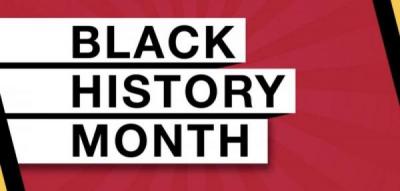  "Black History Month" in bold, with a red, black, and white backgrounds.