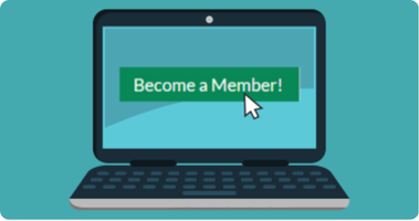 A blue background with a graphic of a laptop. On the laptop, the mouse is hovering over a button reading "Become a Member!"