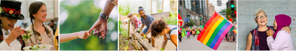 A banner with 5 images. 1 is of Indigenous women celebrating. 2 is of a woman holding hands with a young child. 3 is of a man and two women building a garden. 4 is of a pride flag. 5 is of an elderly woman and young female laughing