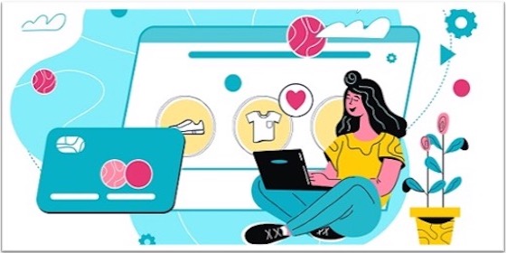 Cartoon image of woman shopping online