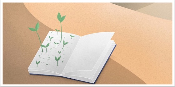 Cartoon image of book with seedlings growing from pages in a desert setting