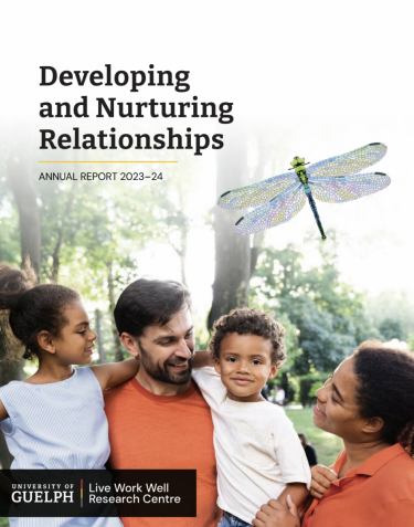 The University of Guelph's Live Work Well Research Centre Annual Report 2023-24. The title reads Developing and Nurturing Relationships. Pictured is a family, a father and mother with a daughter and son. Also, on the right side of the page is the Live Work Well dragonfly logo.